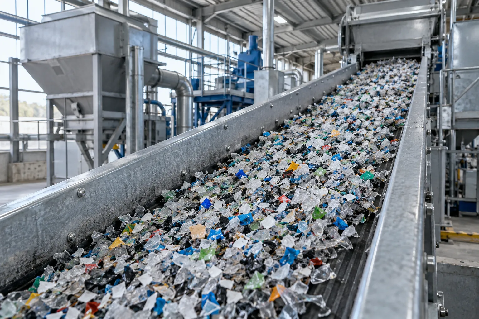 Illustrative plastics recycling conveyor inside an industrial workshop